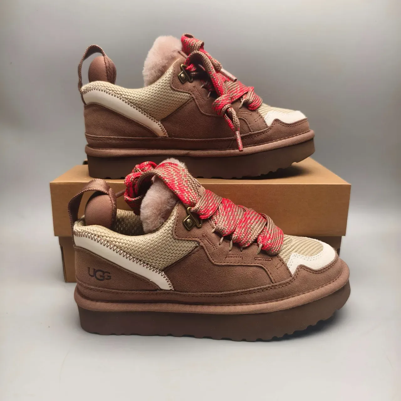 UGG Brown Pink Shearling-Lined Woven-Lace Sneakers 5