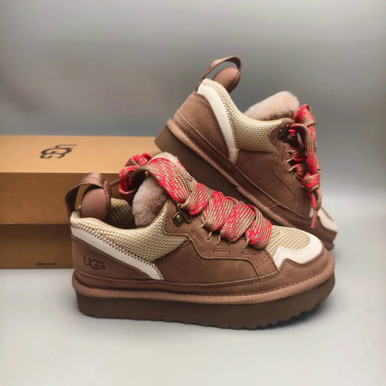 UGG Brown Pink Shearling-Lined Woven-Lace Sneakers 6