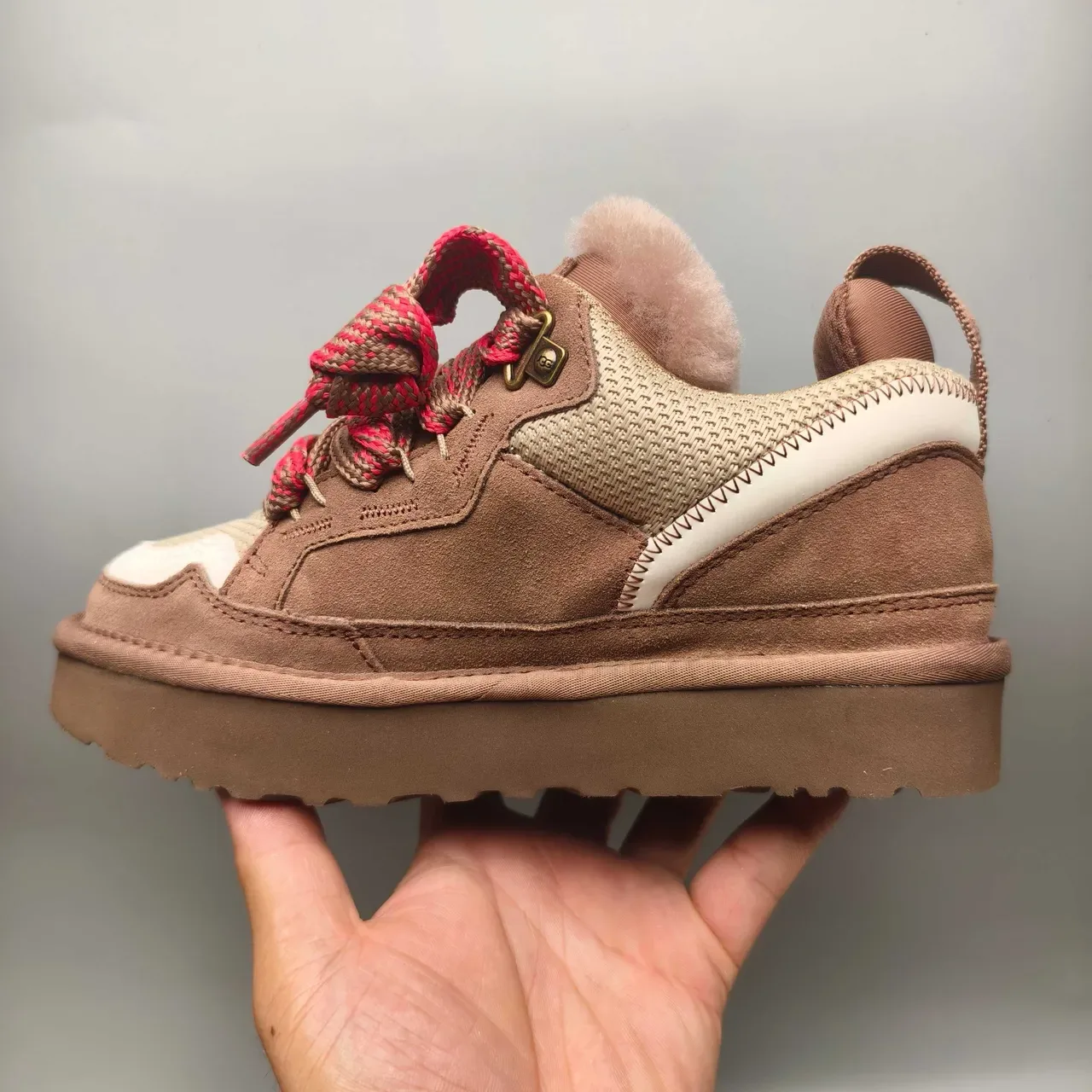 UGG Brown Pink Shearling-Lined Woven-Lace Sneakers 7