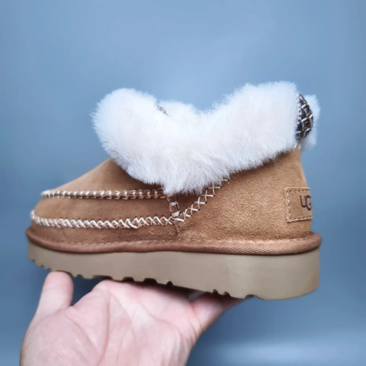UGG Brown White Suede Upper Shearling-Lined Cuff Snow Boots 4