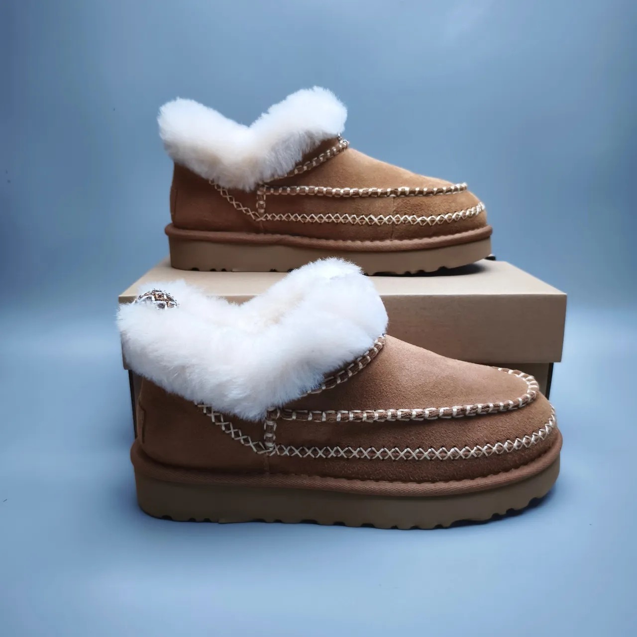UGG Brown White Suede Upper Shearling-Lined Cuff Snow Boots 5