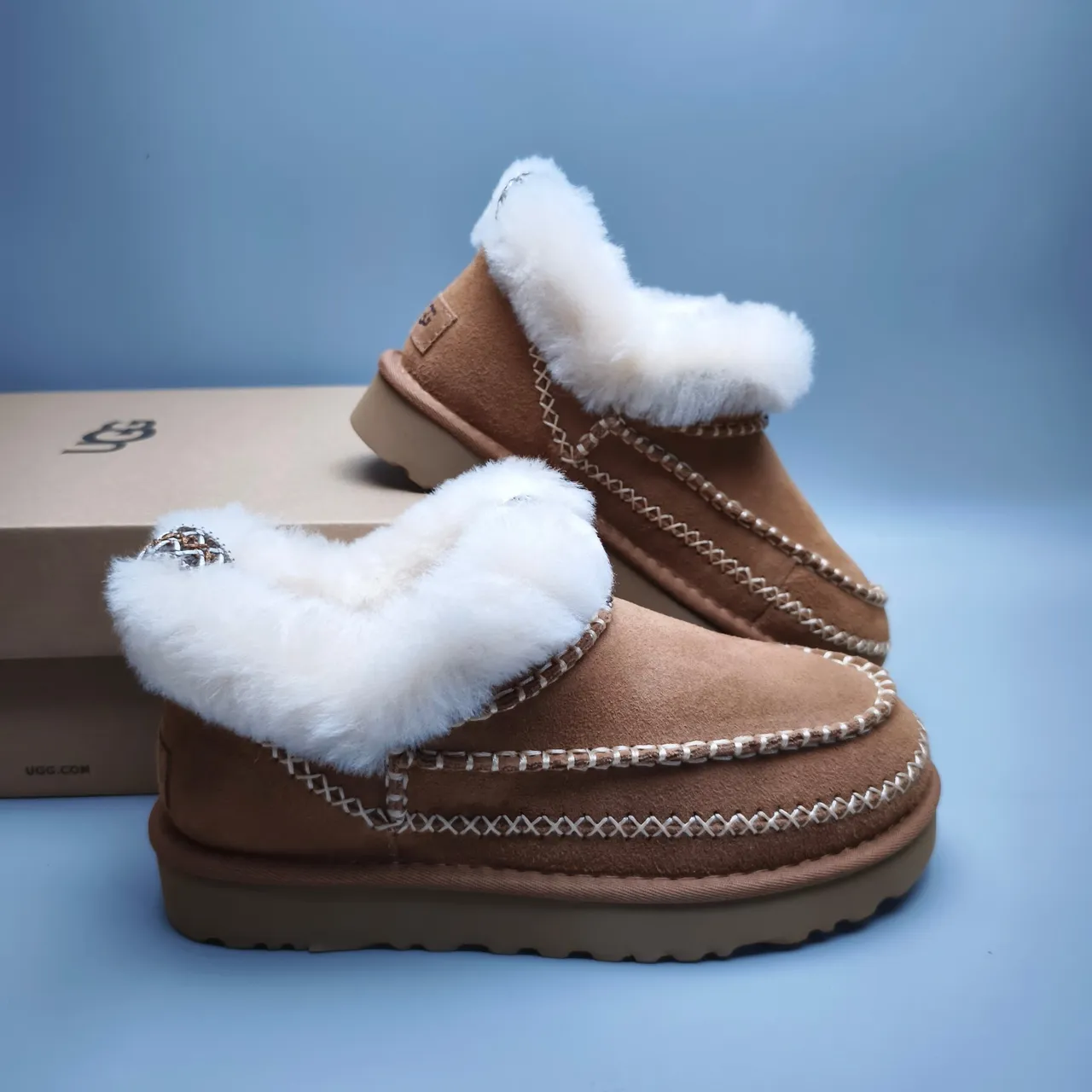 UGG Brown White Suede Upper Shearling-Lined Cuff Snow Boots 6