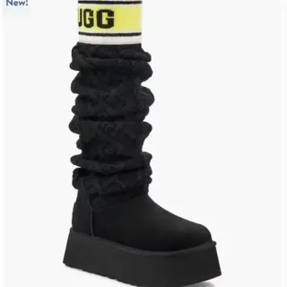 UGG Classic Black Yellow Platform Sole Ruched Knit Leg Warmer Knee Boots