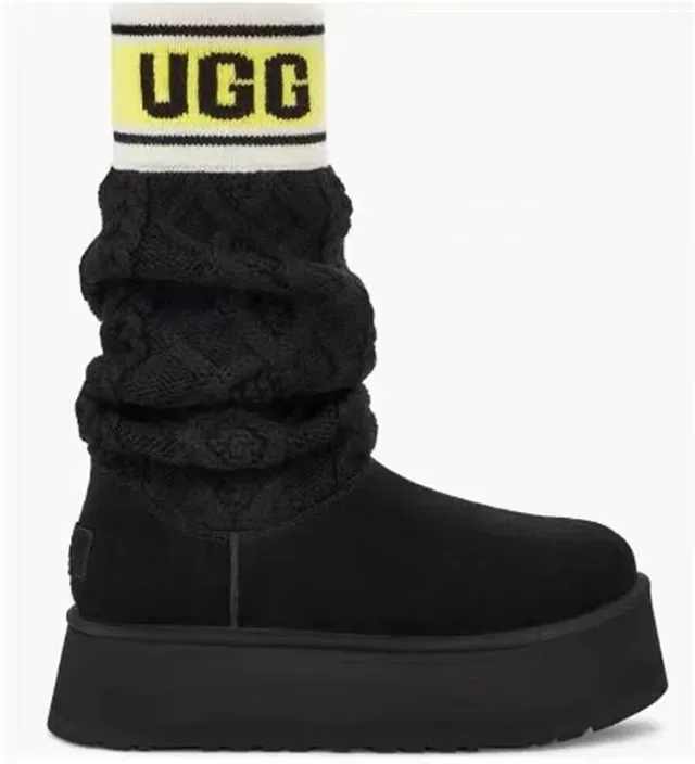 UGG Classic Black Yellow Platform Sole Ruched Knit Leg Warmer Knee Boots 2