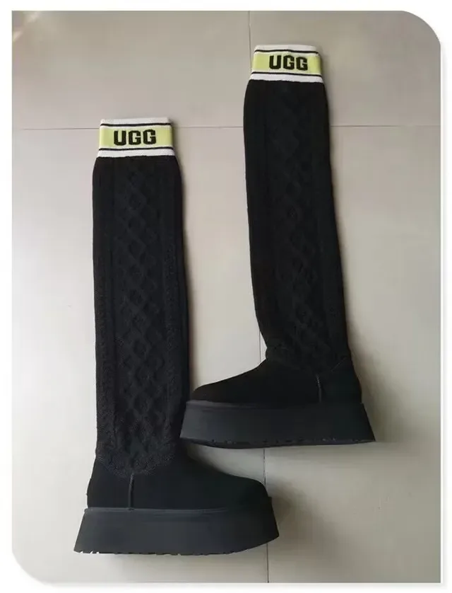 UGG Classic Black Yellow Platform Sole Ruched Knit Leg Warmer Knee Boots 4