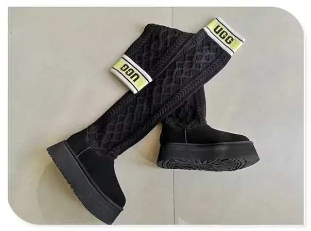 UGG Classic Black Yellow Platform Sole Ruched Knit Leg Warmer Knee Boots 6
