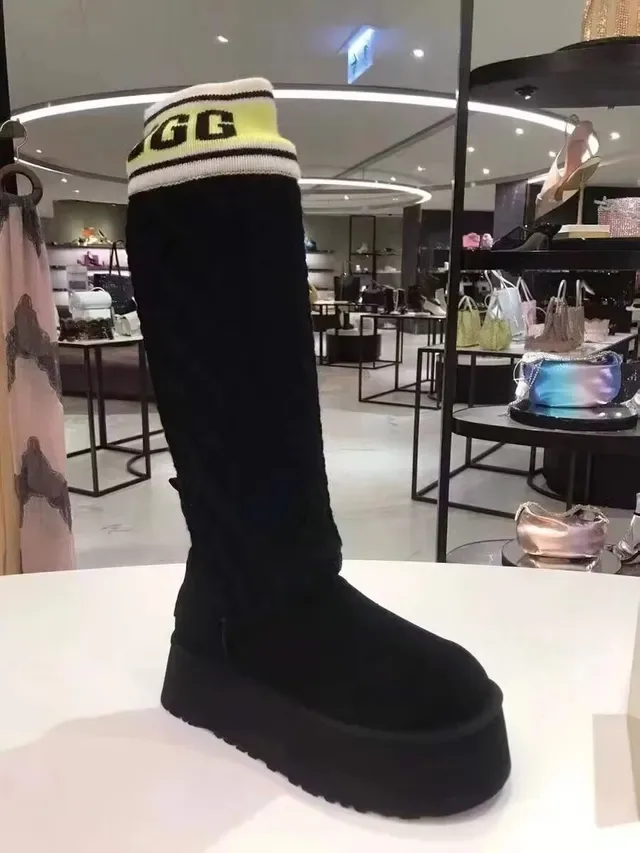 UGG Classic Black Yellow Platform Sole Ruched Knit Leg Warmer Knee Boots 7