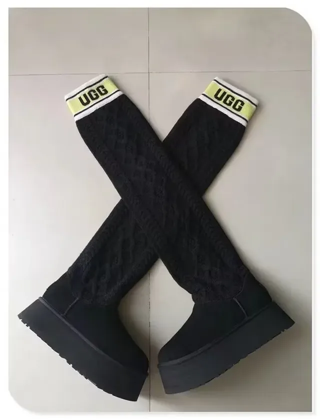 UGG Classic Black Yellow Platform Sole Ruched Knit Leg Warmer Knee Boots 9