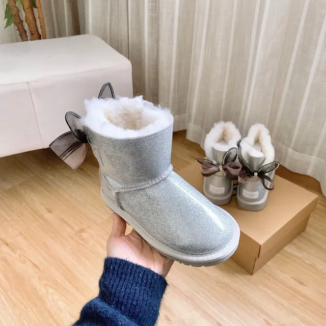 UGG Silver White Glitter Finish Shearling-Lined Snow Boots 5
