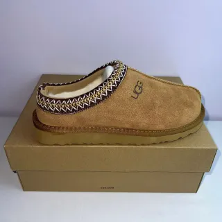 UGG Tasman Beige Brown جلد الجزء العلوي تفاصيل الإكليل المنسوج أحذية كاجوال