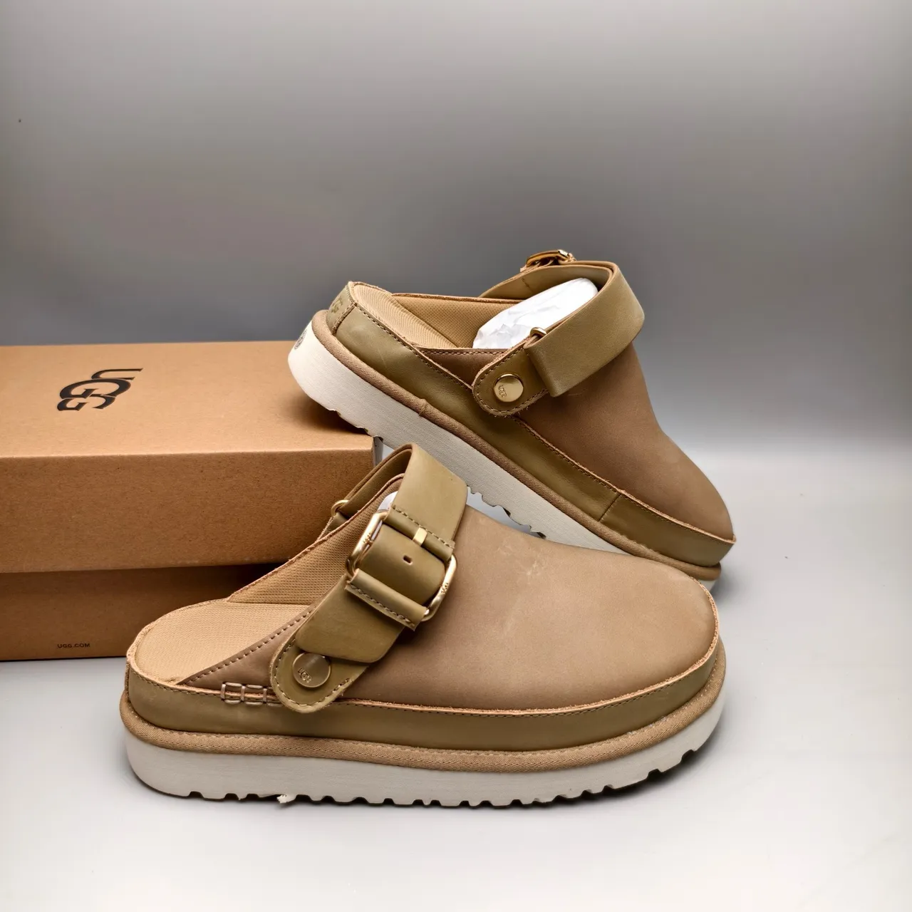 UGG Tasman Beige Buckle Strap Platform Slipper 6