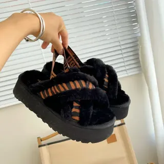 UGG Tasman Black Orange Platform Fuzzy Slippers