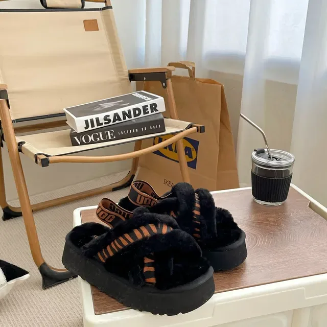 UGG Tasman Black Orange Platform Fuzzy Slippers 2
