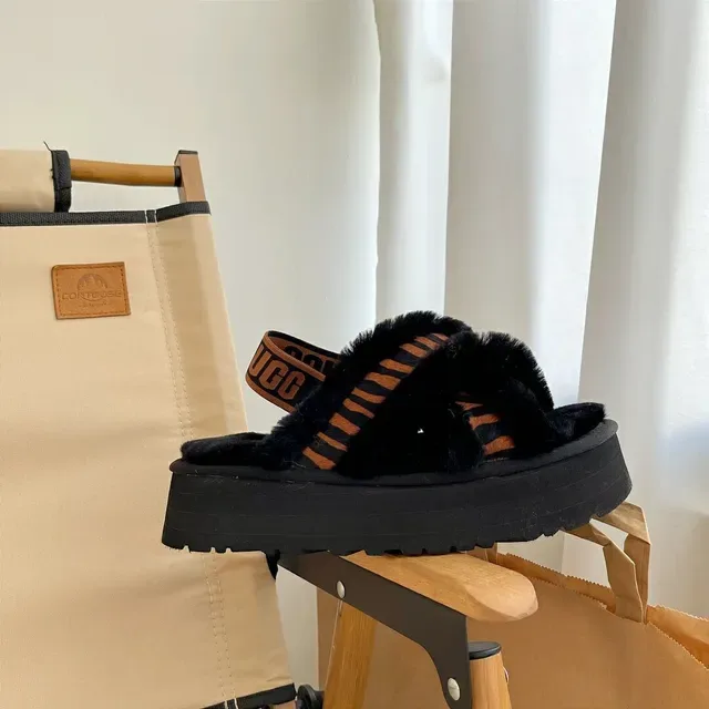 UGG Tasman Black Orange Platform Fuzzy Slippers 5