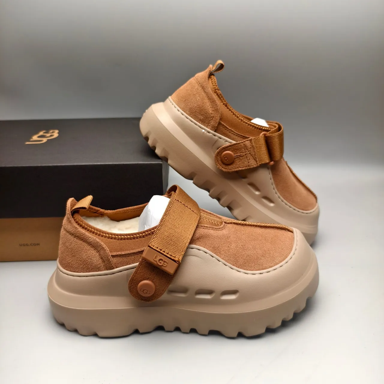 UGG Tasman Brown Beige Suede Upper Adjustable Strap Closure Casual Shoes 6