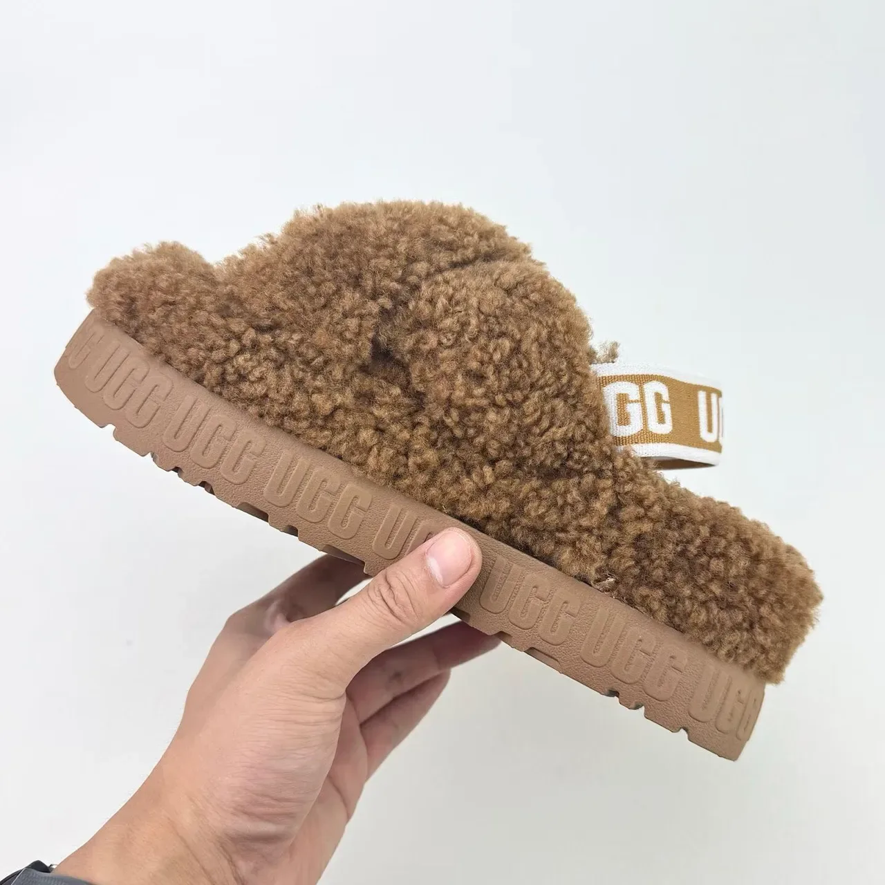 UGG Tasman Brown Fuzzy Cross-Strap Platform Slippers 3
