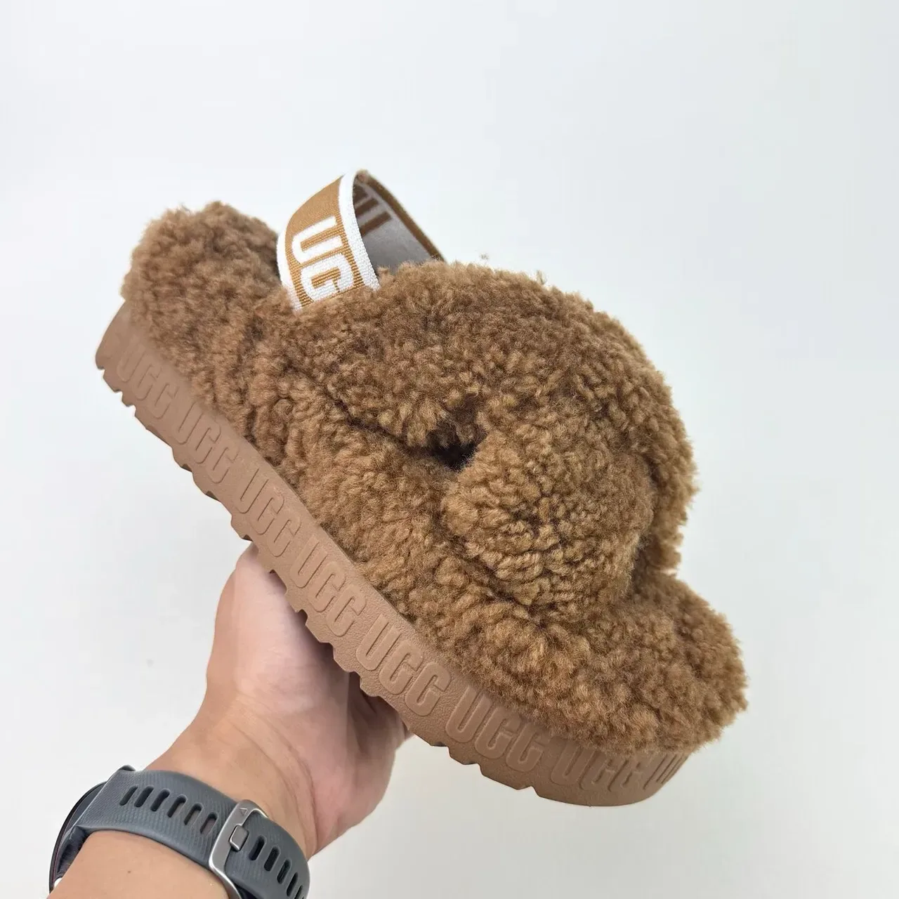 UGG Tasman Brown Fuzzy Cross-Strap Platform Slippers 4