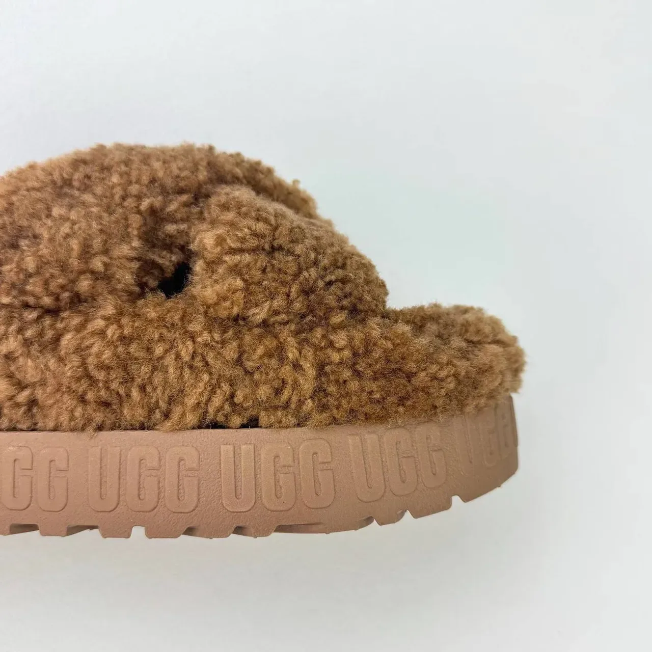 UGG Tasman Brown Fuzzy Cross-Strap Platform Slippers 6