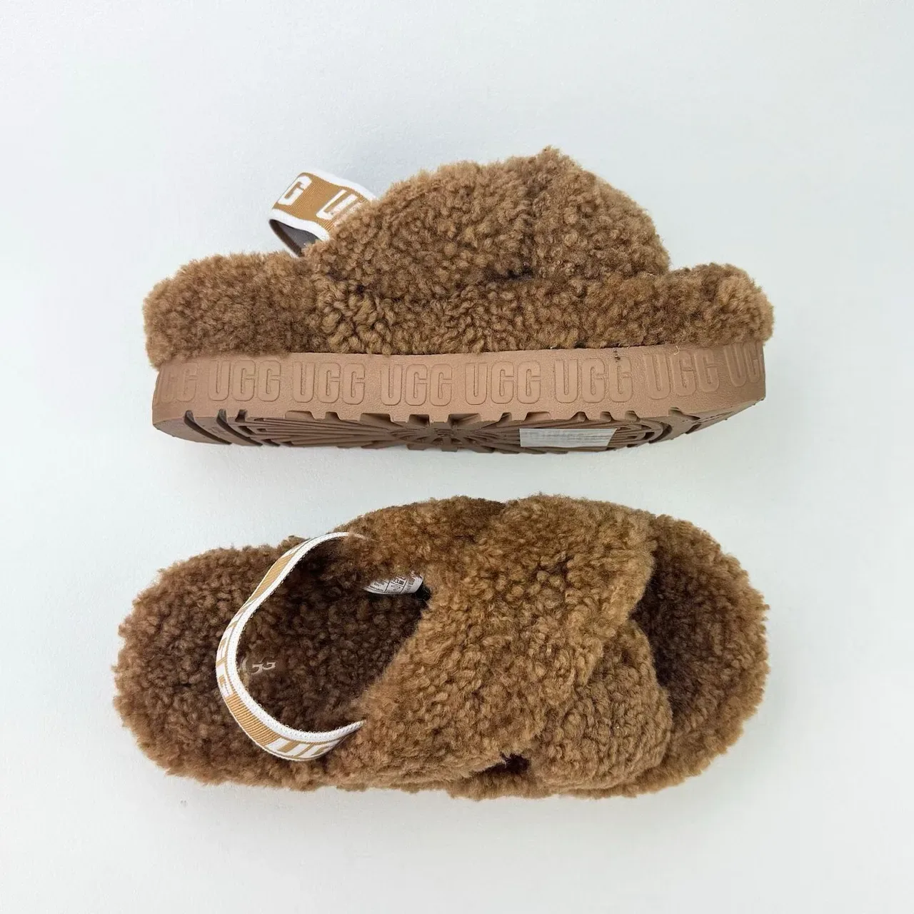 UGG Tasman Brown Fuzzy Cross-Strap Platform Slippers 7