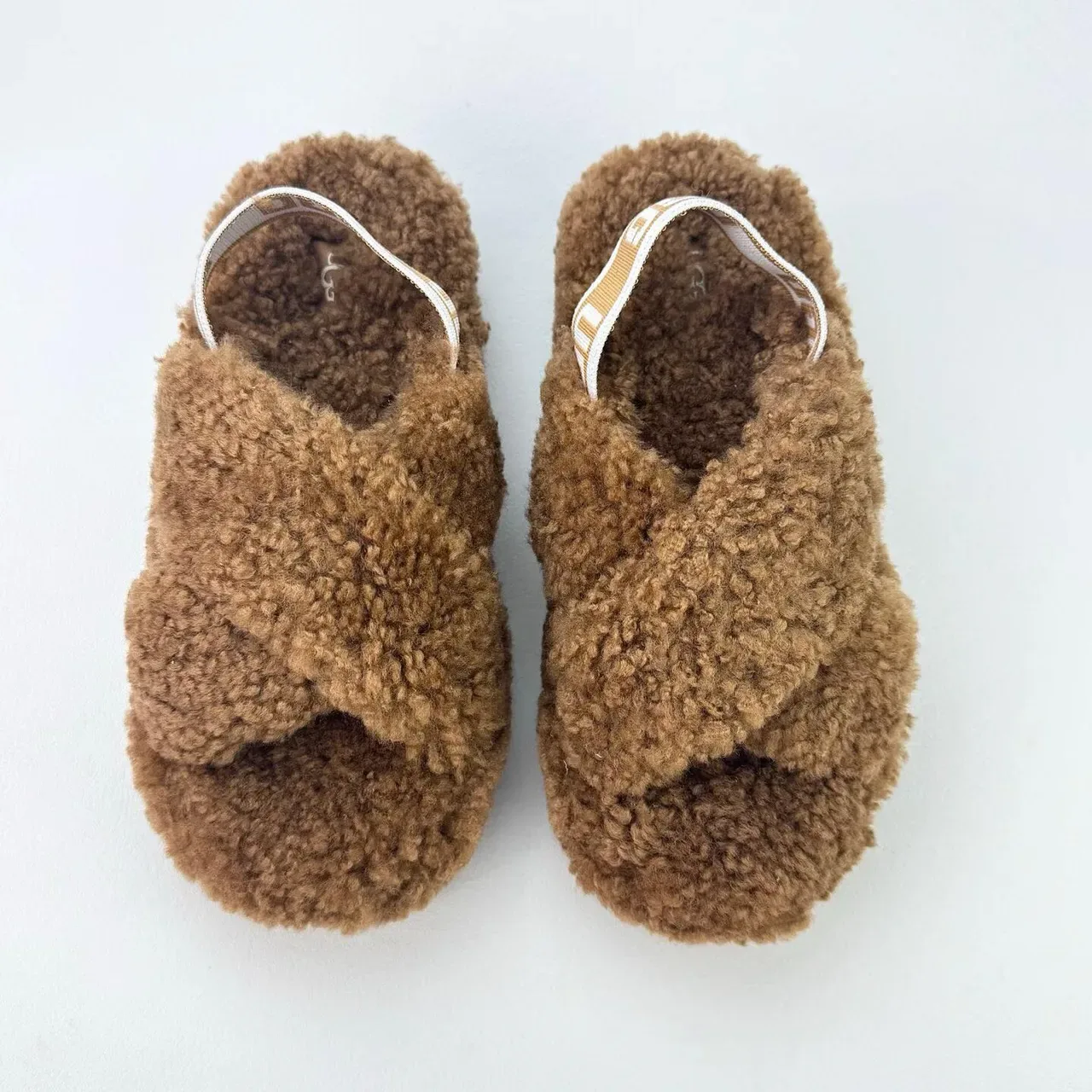 UGG Tasman Brown Fuzzy Cross-Strap Platform Slippers 8
