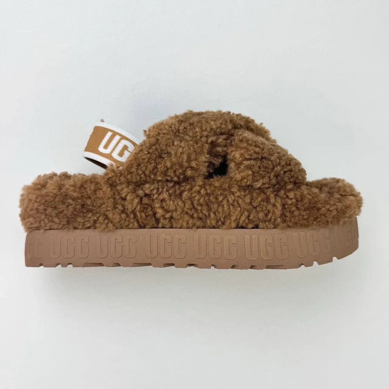 UGG Tasman Brown Fuzzy Cross-Strap Platform Slippers 9