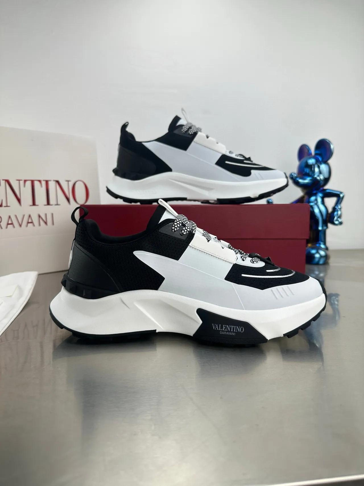 Valentino Black White Platform Sole Asymmetrical Paneling Chunky Sneakers 4