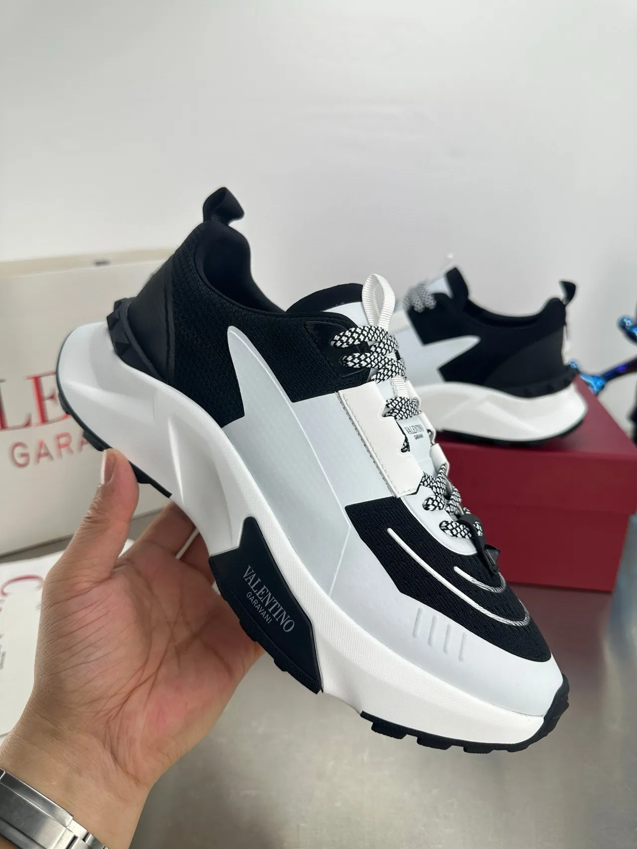 Valentino Black White Platform Sole Asymmetrical Paneling Chunky Sneakers 6