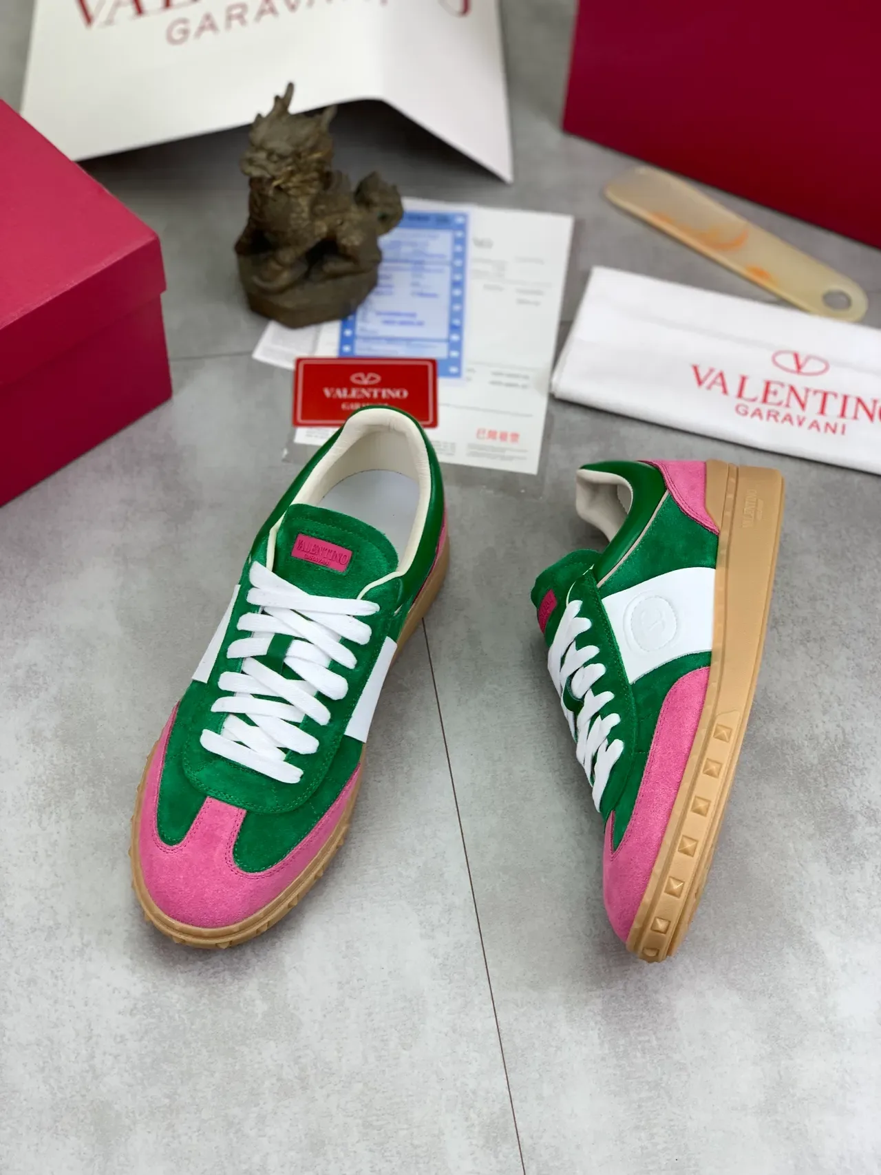 Valentino Garavani Green and Pink Suede Lifestyle Sneaker 5