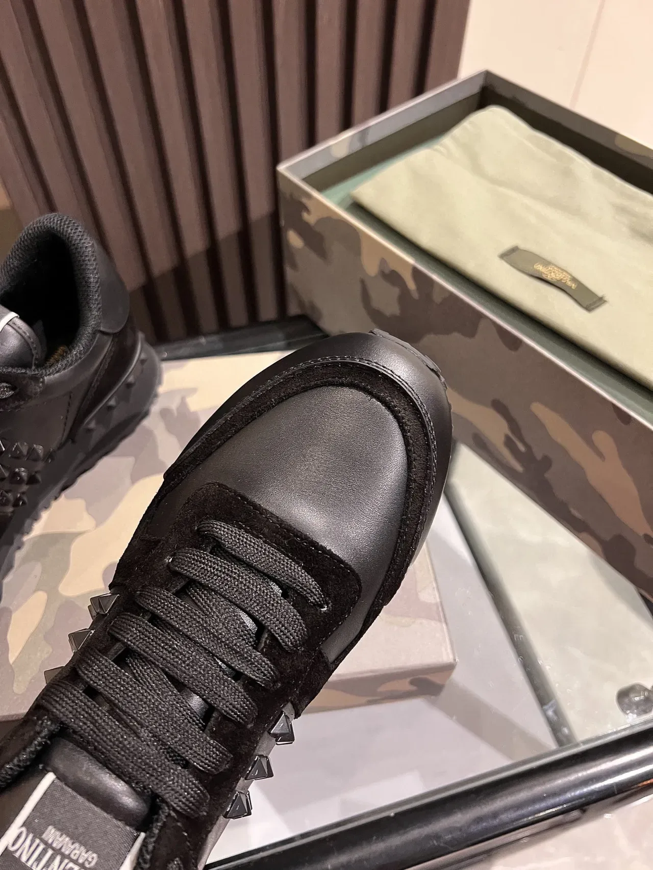 Valentino Rockstud Black Leather-Suede Studded Lifestyle Sneakers 3