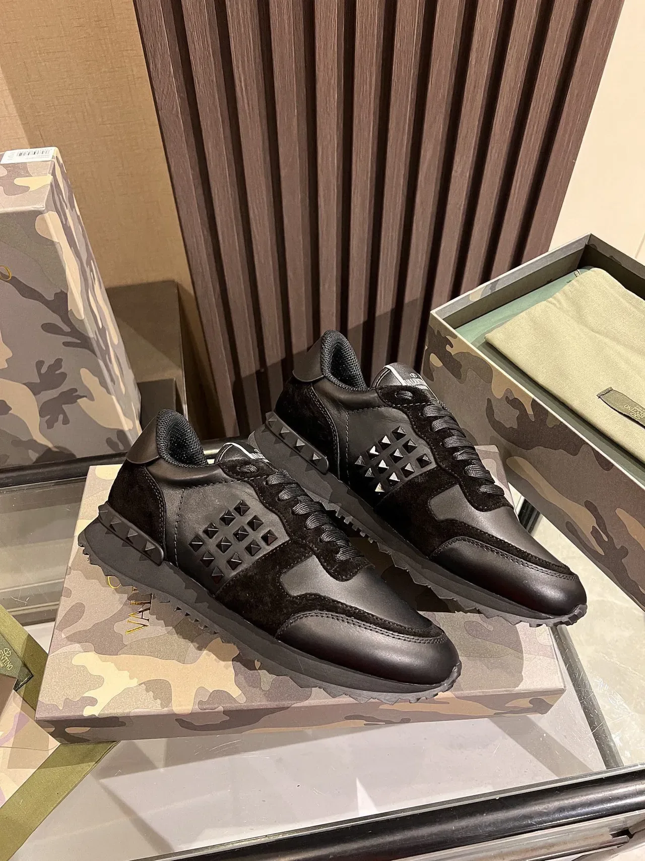 Valentino Rockstud Black Leather-Suede Studded Lifestyle Sneakers 4