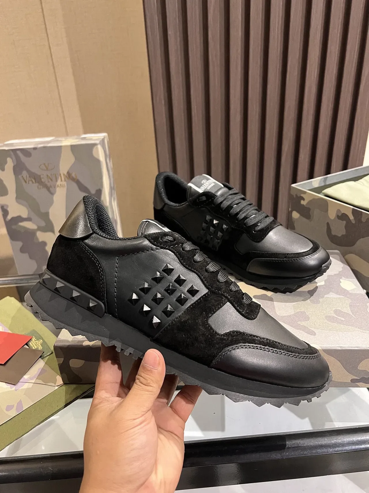 Valentino Rockstud Black Leather-Suede Studded Lifestyle Sneakers 5