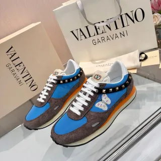 瓦伦蒂诺 Rockstud 蓝色棕色撞色麂皮和面料鞋面生活方式运动鞋