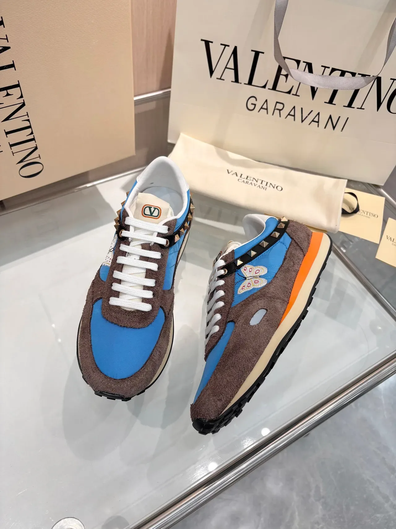 Valentino Rockstud Tênis Lifestyle Azul Marrom Color-Bloqueado com Upper de Camurça e Tecido 5