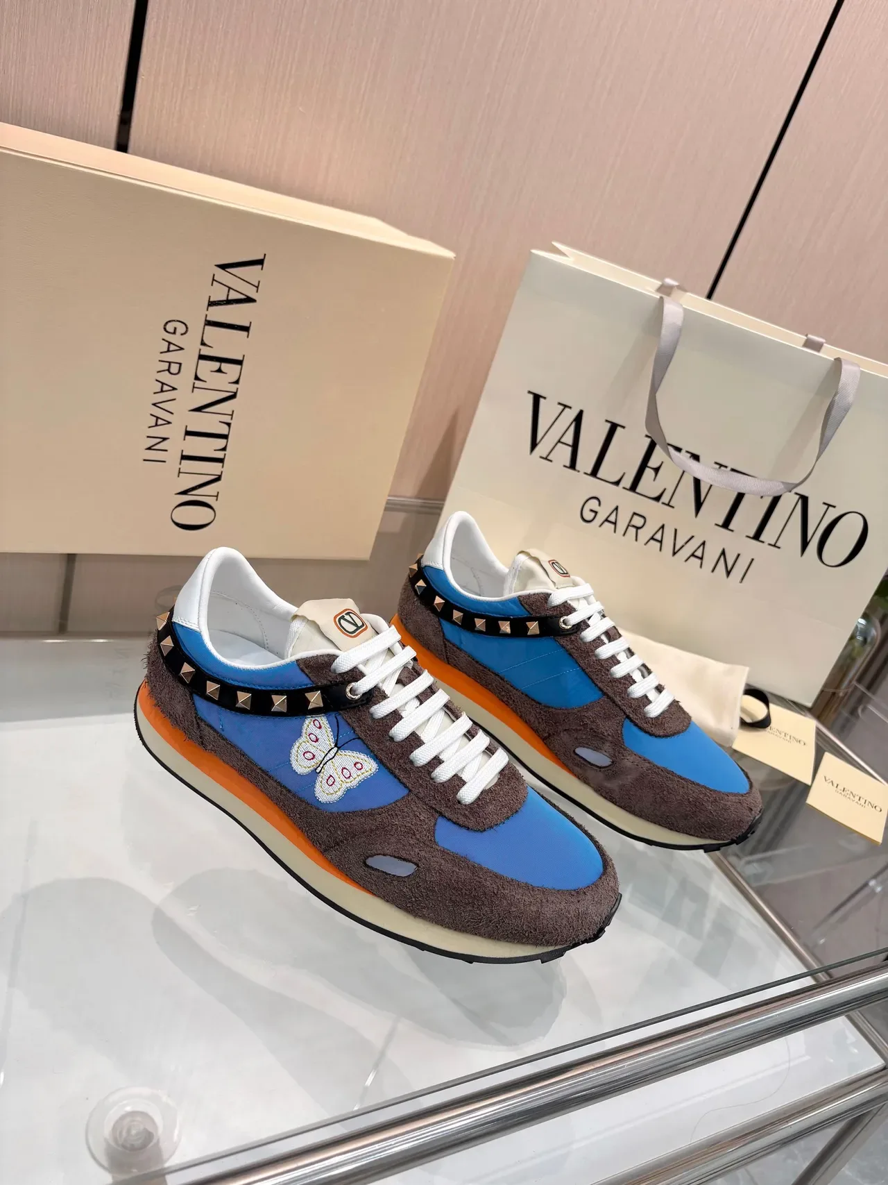 Valentino Rockstud Tênis Lifestyle Azul Marrom Color-Bloqueado com Upper de Camurça e Tecido 6