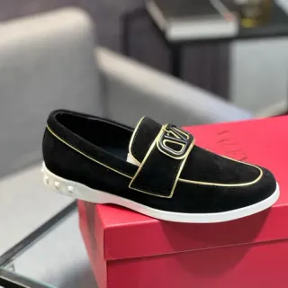Valentino Rockstud Loafer Black Suede Gold Trim Studded Sole Loafer