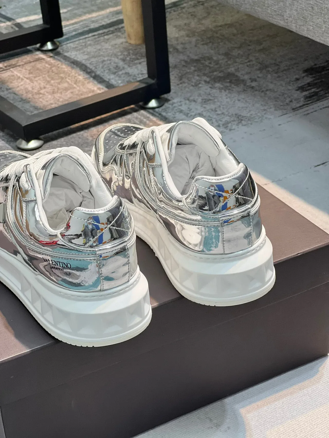 Valentino Rockstud Runner Silver White Metallic Upper Sculpted Geometric Sole Chunky Sneakers 2