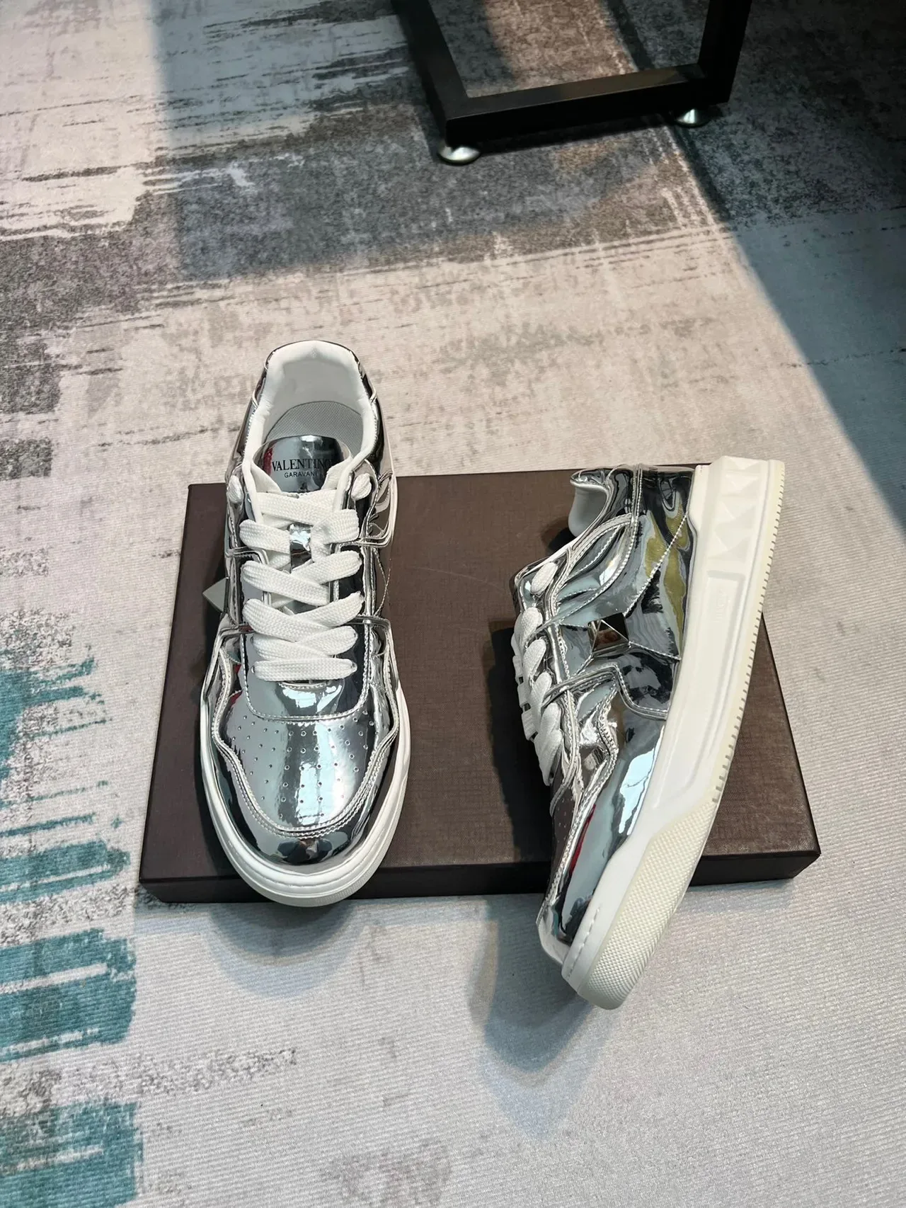 Valentino Rockstud Runner Silver White Metallic Upper Sculpted Geometric Sole Chunky Sneakers 4