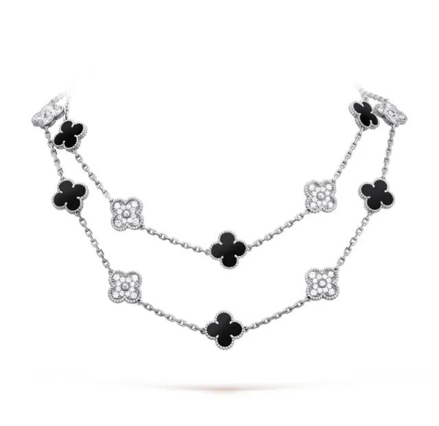 Van Cleef & Arpels Alhambra Collier Émail Noir et Cristaux Pavé Trèfle à Quatre Feuilles 7