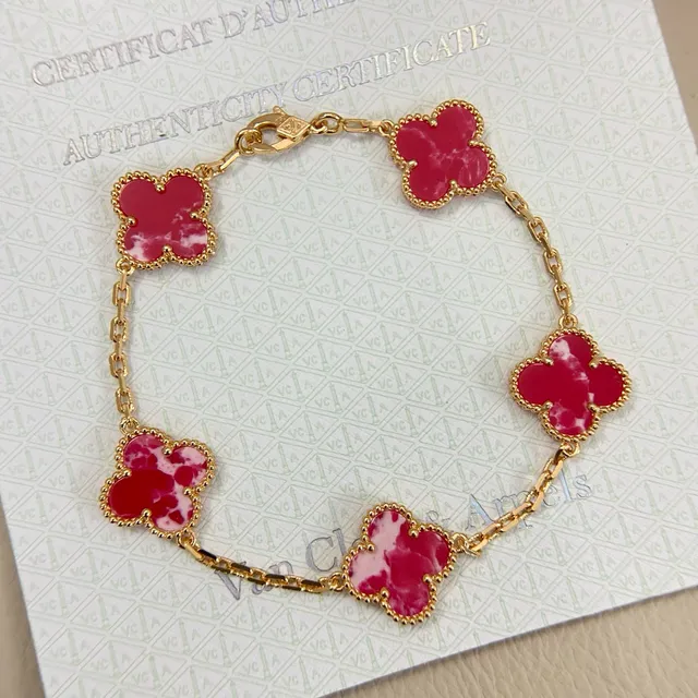 Van Cleef & Arpels Alhambra Five Motif Red Marble Gold Bracelet 2