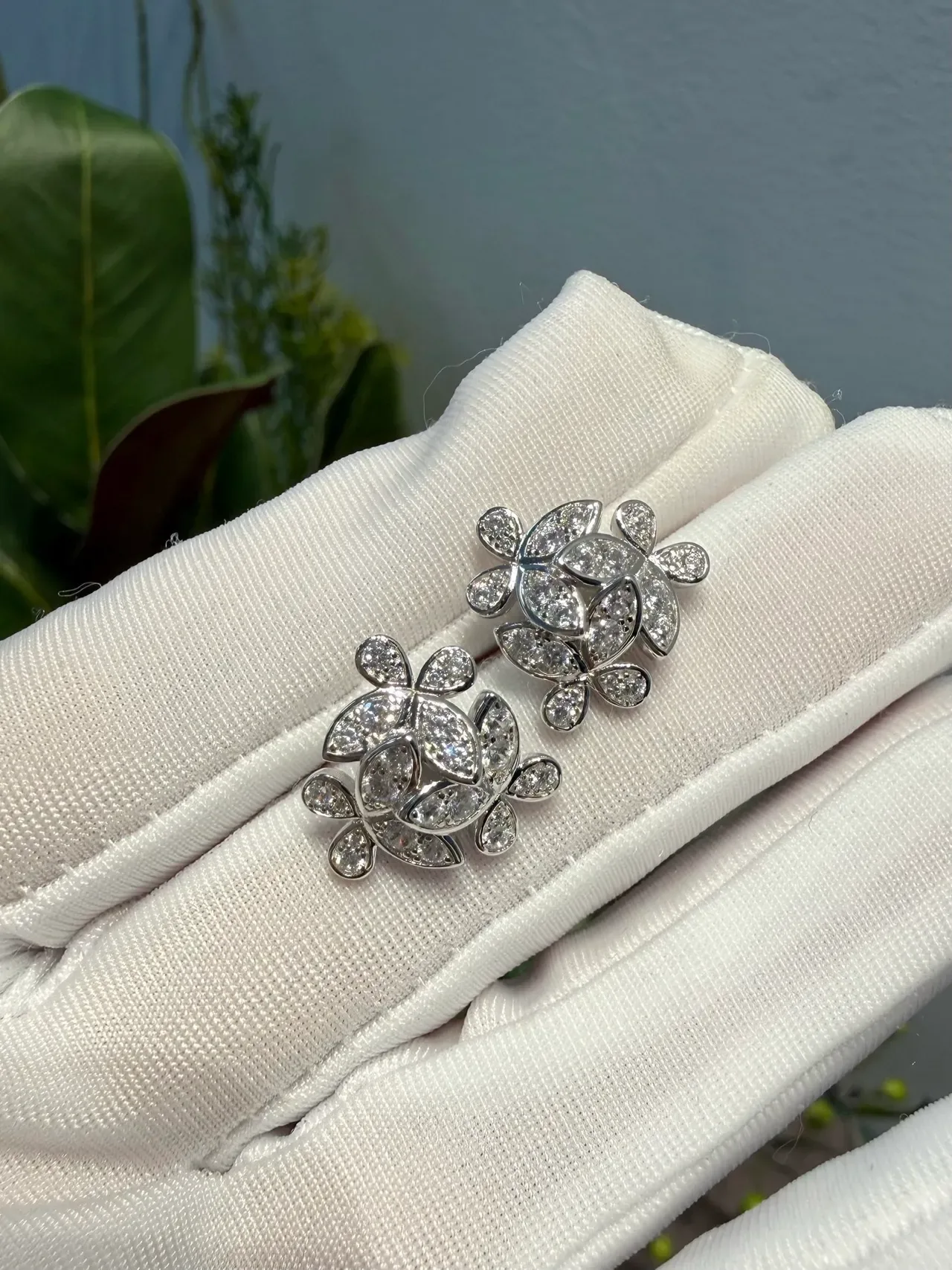 Van Cleef & Arpels Alhambra-Inspired Floral Pavé Stud Earrings 3