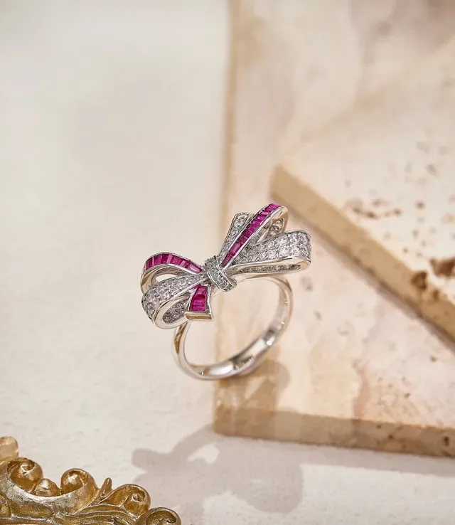 Van Cleef & Arpels Pink Silver Bow-Shaped Baguette-Cut Ruby Brooch 4