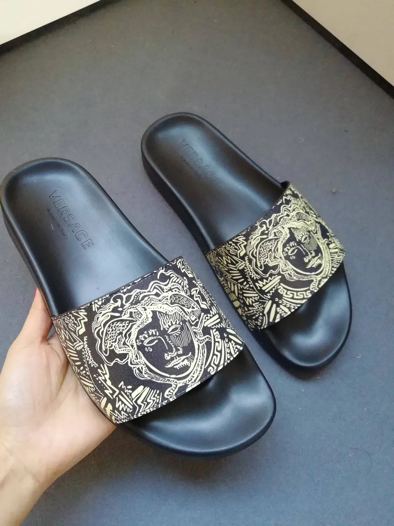 Versace Black Brown Medusa-Print Strap Flat Rubber Sole Slippers 2