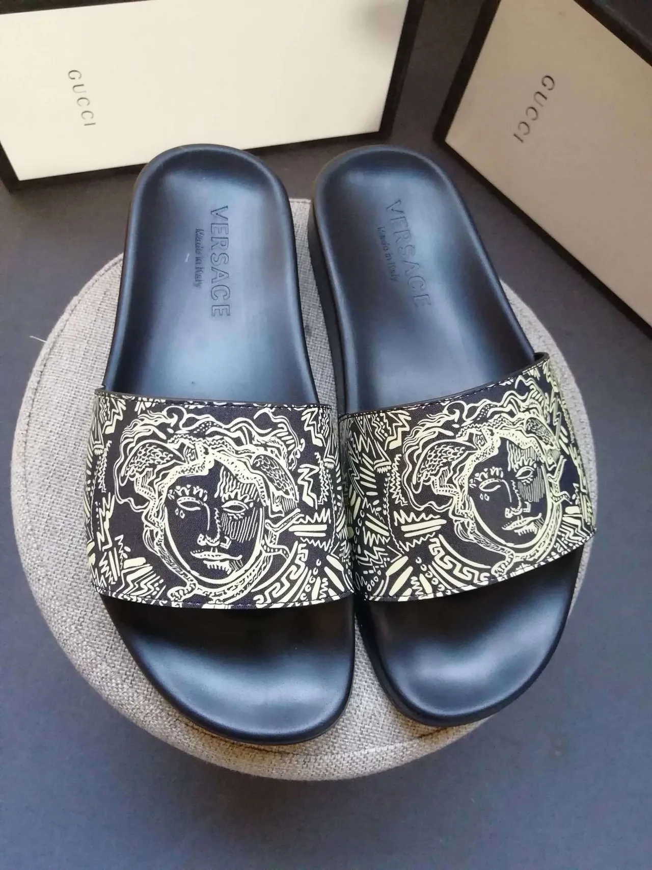 Versace Black Brown Medusa-Print Strap Flat Rubber Sole Slippers 3