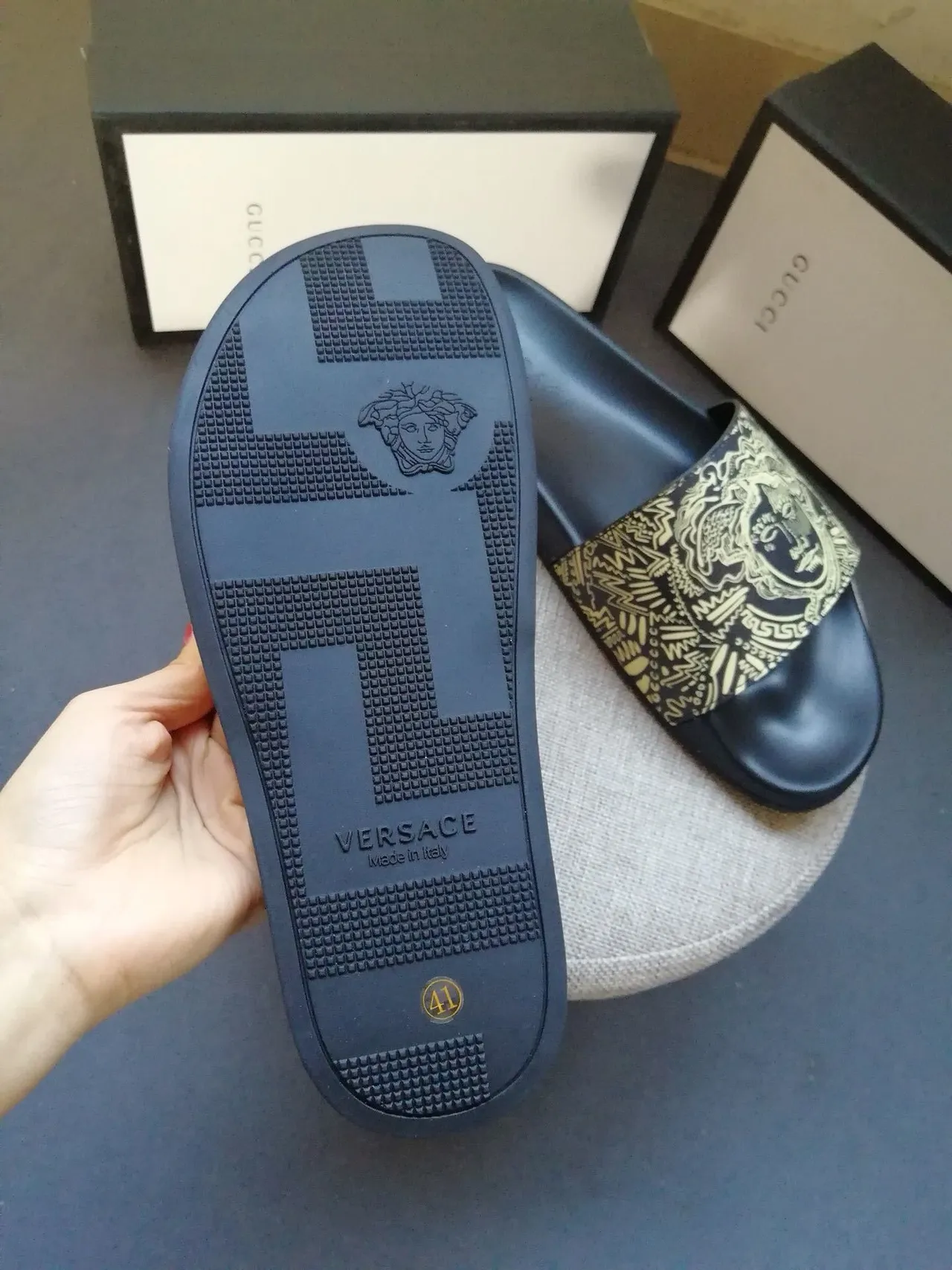 Versace Black Brown Medusa-Print Strap Flat Rubber Sole Slippers 4