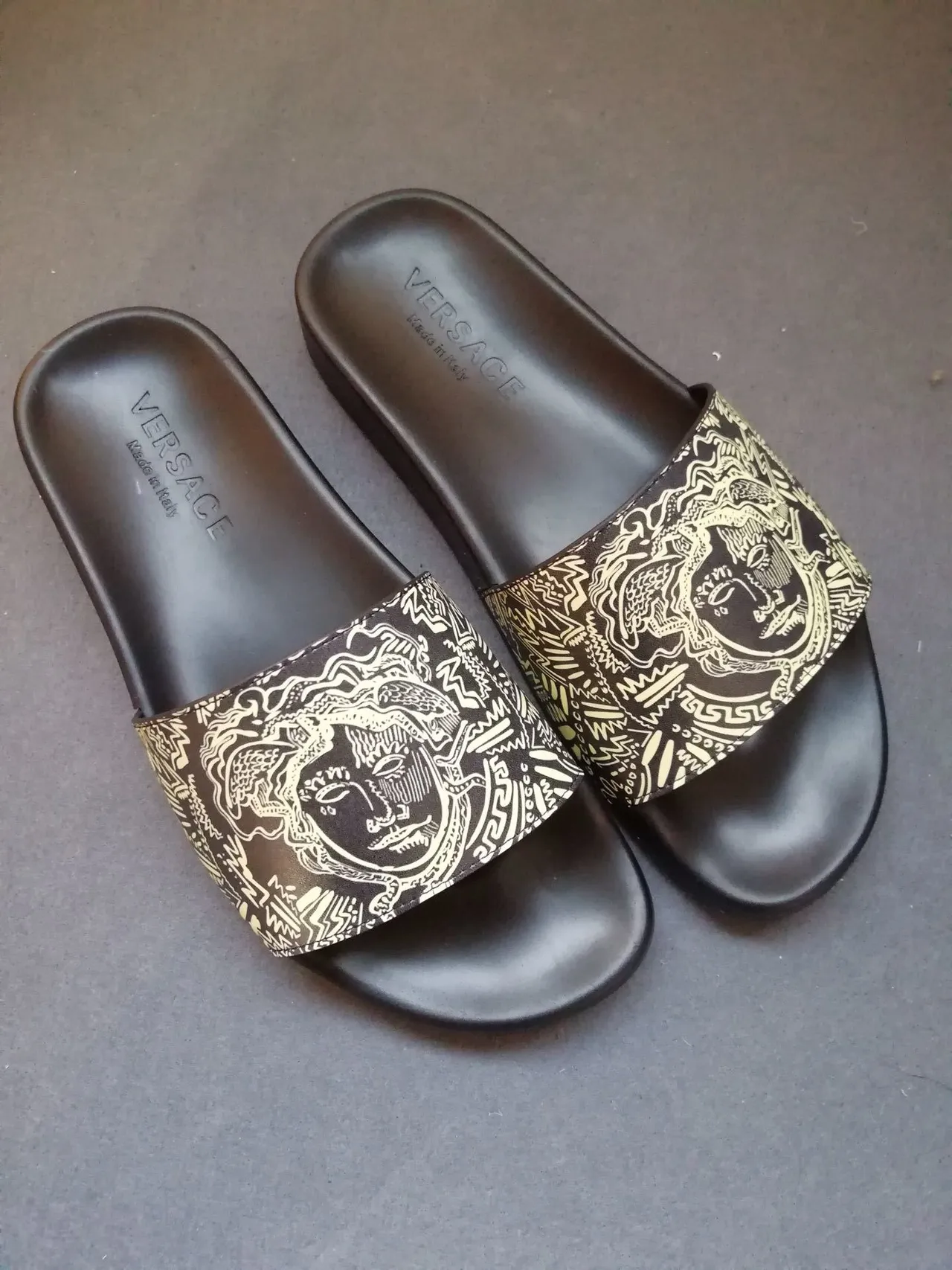 Versace Black Brown Medusa-Print Strap Flat Rubber Sole Slippers 5
