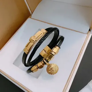 Versace Pulsera de Cuero Trenzado Negro y Oro con Metal