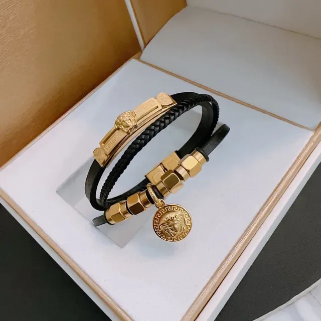 Versace Bracelet en Cuir Tressé Noir et Or Métallique 3