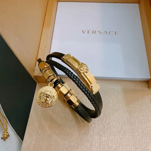 Versace Bracelet en Cuir Tressé Noir et Or Métallique 7