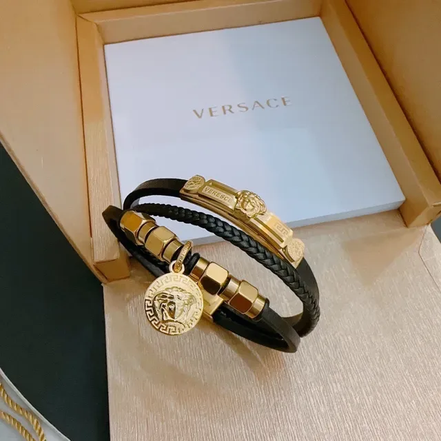 Versace Bracelet en Cuir Tressé Noir et Or Métallique 9