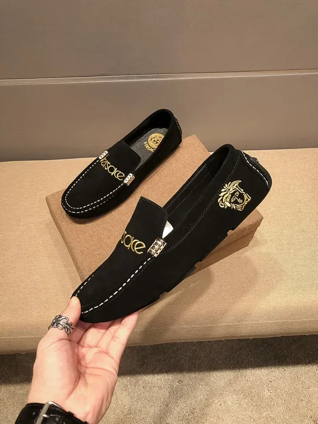 Versace Black Gold Suede Upper Logo Embroidery Loafer 3
